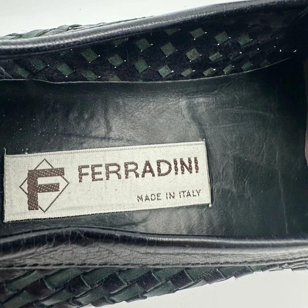 DANIELE FERRADINI Italian Soft Leather Loafers - Black Green Weave - Mens Size 9